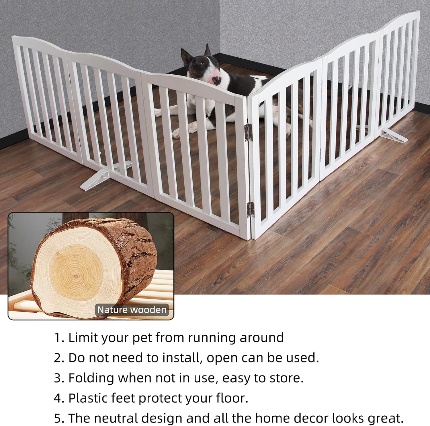 ZJSF Foldable Freestanding Indoor Dog Gate for House Wood White Long Pet Gates Dog Fence for Stairs Puppy Gates for Hallways,Pet Fence, Puppy Gate,Support Feet Included 24 "Height-6 Panels