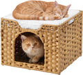 Cat Beds Indoor Kitten House, Handwoven Rattan Cat Cave Pet Cube, Large Cat Houses, One Bed Mat, Foldable, Hideaway, 16.5x16.5x13.2 Inches, 2 S-Shaped Hooks in Living Room Bedroom Natural