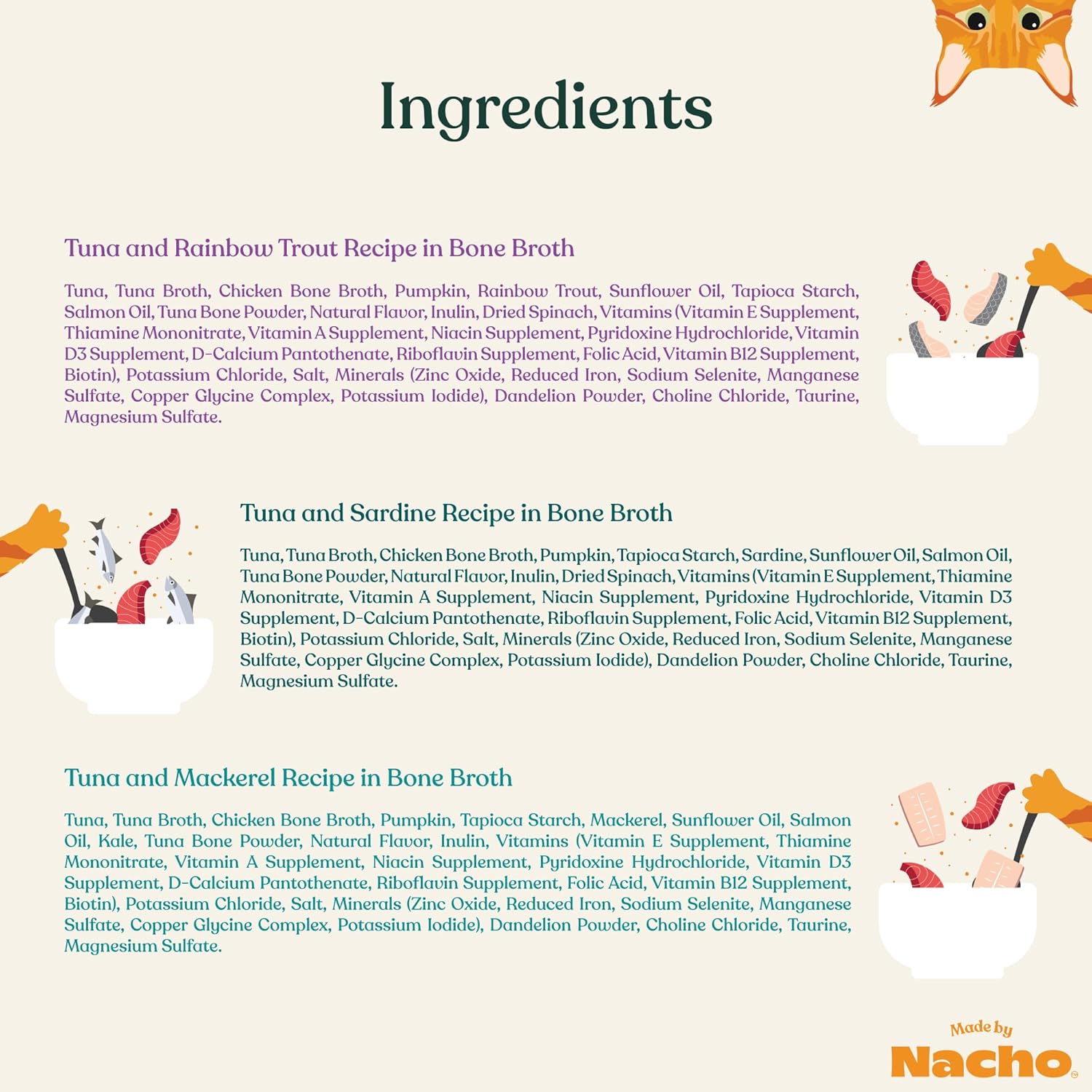 Made by Nacho Flaked Filets Recipe in Bone Broth, Grain-Free Chef's Selects Wet Food for Cats Balanced Diet in Naturally Hydrating Pumpkin-Infused Broth (3.0 oz (Pack of 12), Flaked Fish Variety Pack)