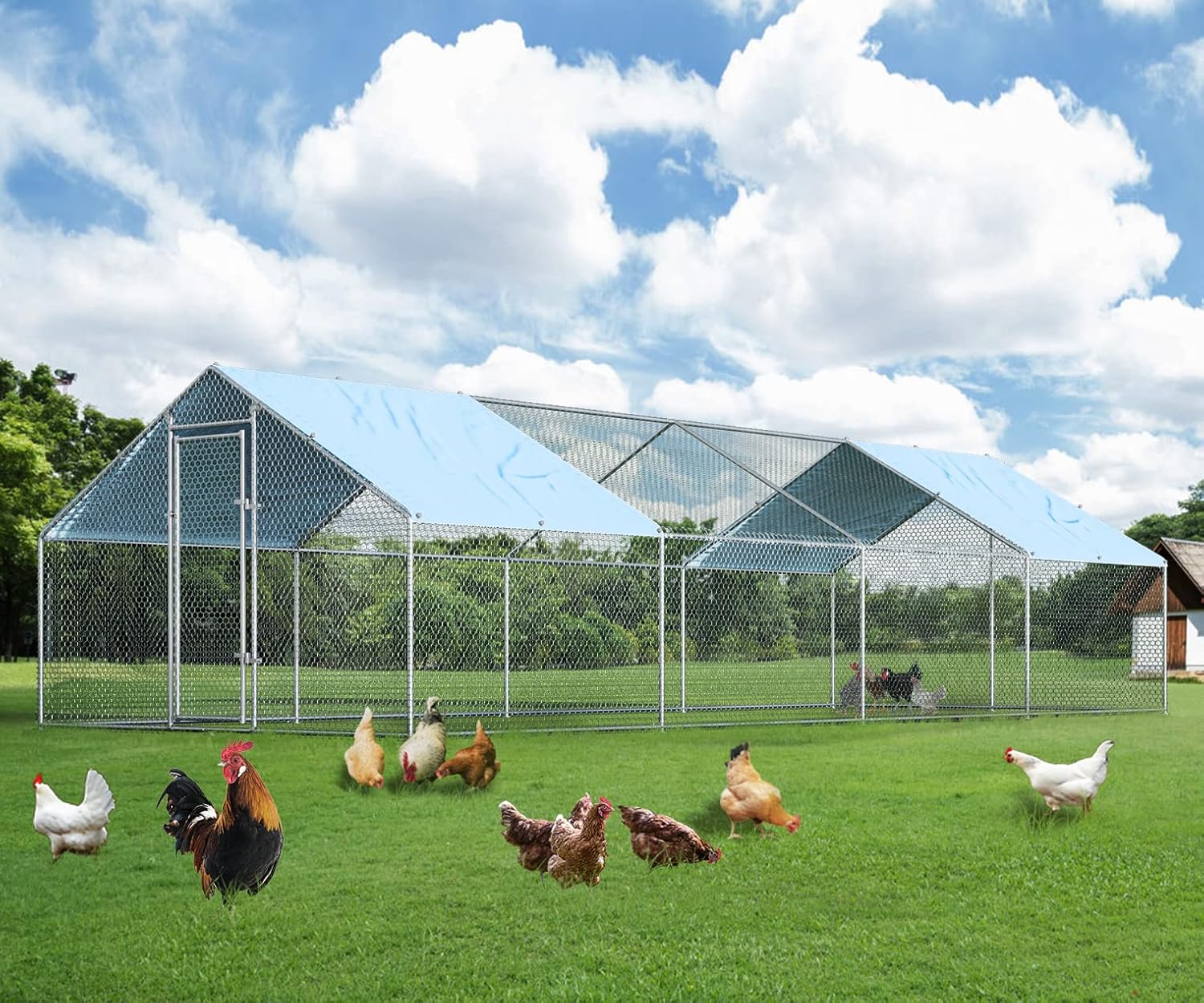 1.26’’ Large Metal Chicken Coop Walk in, Chicken Pen for Chickens, Outdoor Chicken Runs Coops Dog Kennel, Spire Roofed Chicken Runs for Yard with Anti-Ultraviolet Cover (9.8’Lx26.2’Wx6.4’H)