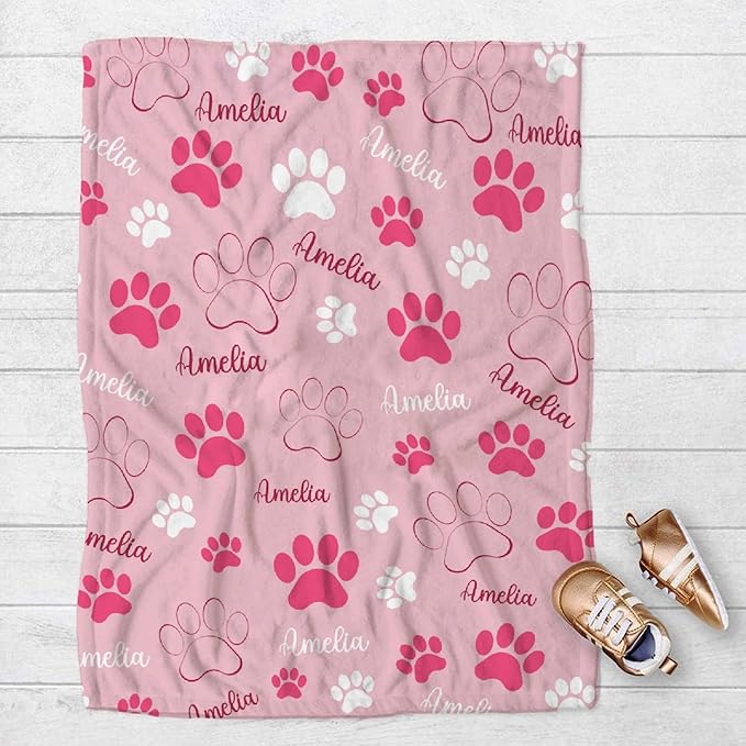 Personalized Dog Blankets Dog Paw Print Blanket Puppy Blanket - Custom Dog Blanket with Pets Name Cute Paw Print Pet Throw Puppy Fluffy Blankets 50"x40" for Kids
