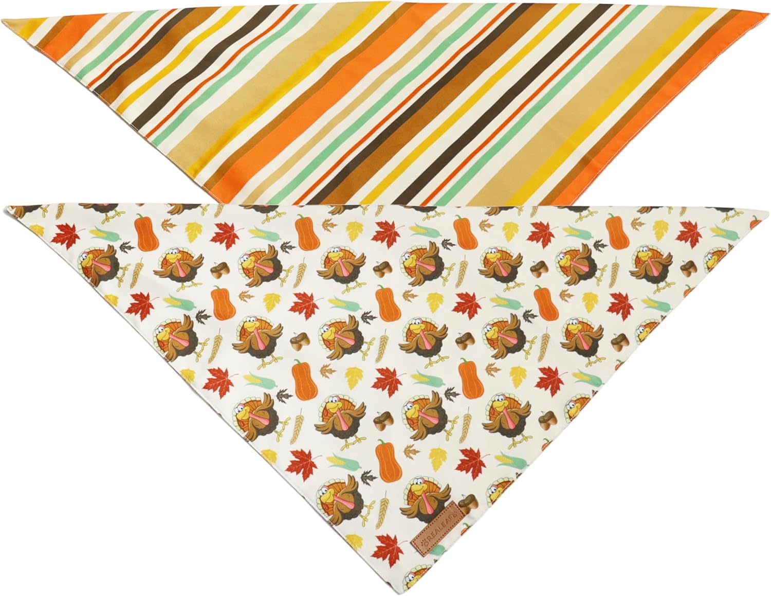 Realeaf Thanksgiving Dog Bandanas 2 Pack,Turkey Pumpkins Fall Stripe Pet Scarf for Boy and Girl, Premium Durable Fabric, Reversible Holiday Bandana for Medium and Large Dogs Pets