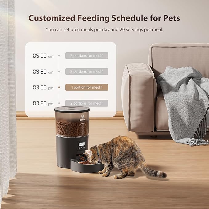 IMIPAW Automatic Cat Feeders, 3L Timed Cat Dry Food Dispenser, Dual Power Supply, Programmable Portion Size, 1-6 Meals Per Day, Auto Pet Feeder for Cats and Small Dogs, with Desiccant Bags