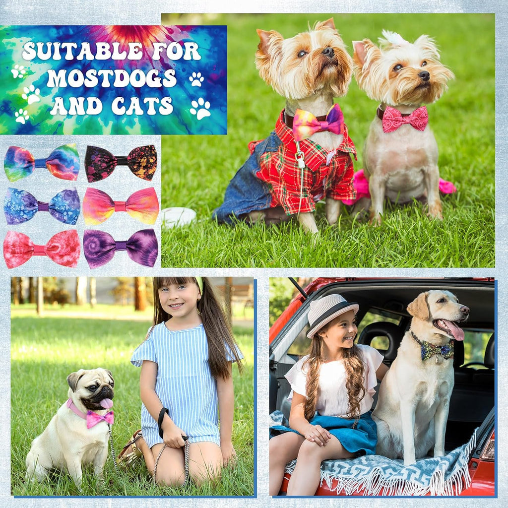 Reginary 50 Pieces Dog Bow Ties Pet Collar Bow Puppy Collar Attachment with Rubber Bands for Small Medium Cat Pet Grooming Charms Accessories Wedding Birthday Occasion(Tie Dye Style)