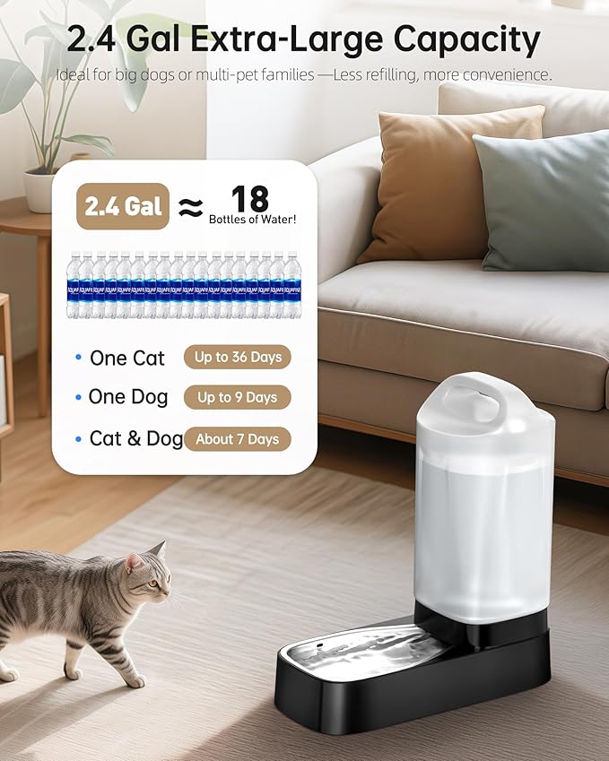 Automatic Dog Water Bowl Dispenser - 2.4 Gal Large Gravity Auto Pet Water Feeder Fountain Waterer with Stainless Steel Bowl & Easy Carry Handle for Large Dog Cat Multi Pet Use, BPA Free, No Leakage