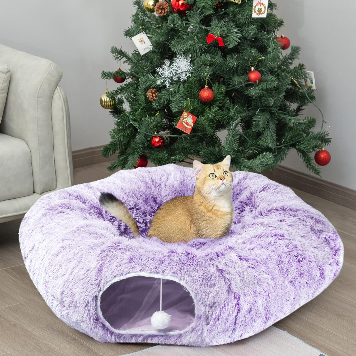 AUOON Cat Tunnel Bed for Indoor Cats - Circle Peekaboo Cat Cave with Washable Mat for Indoor Cats Kitten Kitty Puppy Rabbit Ferret (Purple)