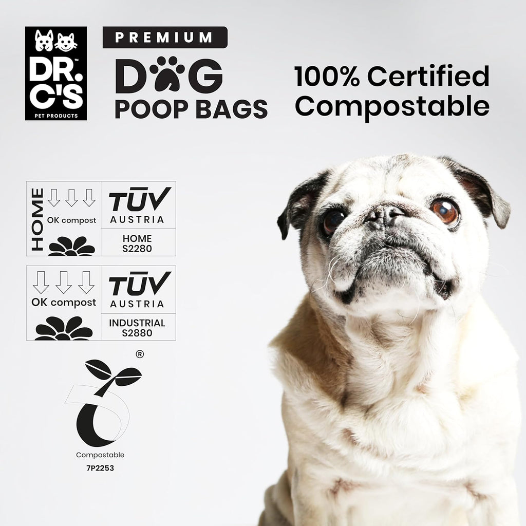 100% Certified Compostable Dog Poop Bags - Dr. C's Premium Dog Poop Bags - 120 Bags / 8 Rolls, Extra thick, Leak Proof, Unscented, Plant Based and Earth Friendly