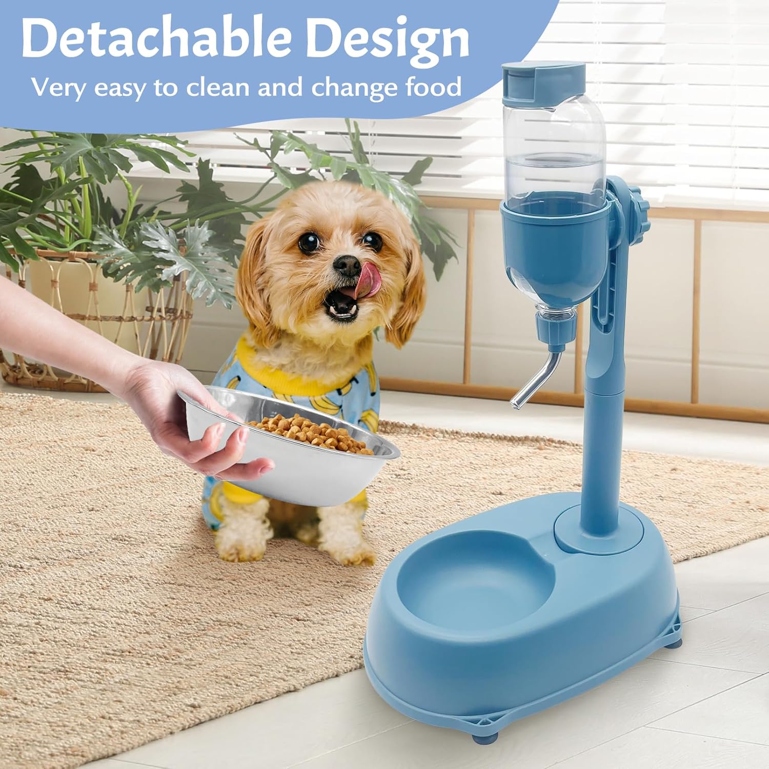 Fhiny Dog Water Feeder Bottle with Stand, Dispenser Automatic Water Food Bowl for Cage No-Drip Leak-Proof Adjustable Raised Pet Slow Water Bottle Dog Kennel Durable Drinker (Blue, 17oz)