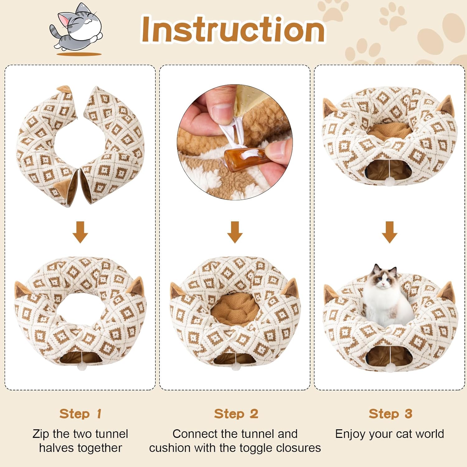 Cat Tunnel Bed for Indoor Cats, Cat Donut Tunnel with Washable Cushion, Peekaboo Cat Cave Toy, Multifunctional Playground Toys for Kittens, Rabbit, Brown Jacquard Pattern