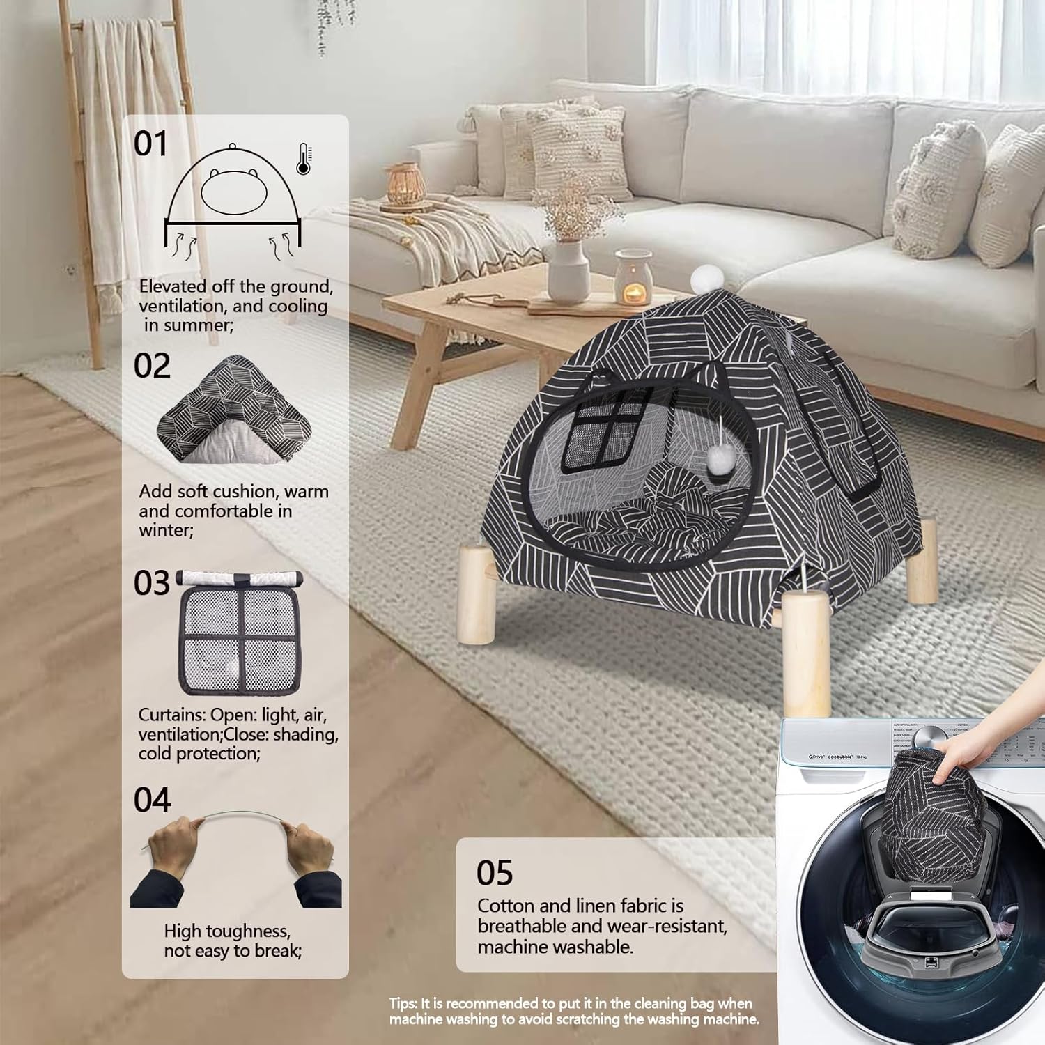 2-in-1 Elevated Cat Tent Cat House, Quick Assembly and Disassembly, Portable Indoor/Outdoor Cute Cat Bed Cave-Black Diamond Pattern