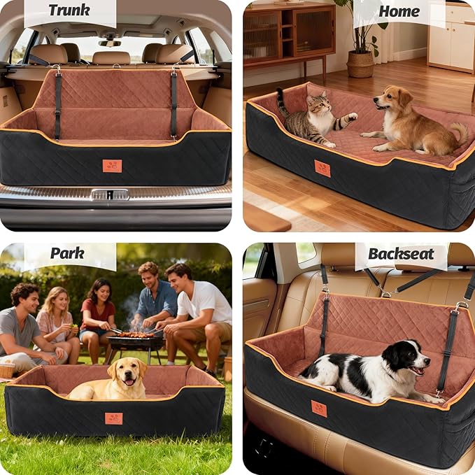 Large Dog Car Seat for Dods Under 100 Lbs, Memory Foam Dog Car Bed for Backseat & Trunk, Detachable and Washable Cover, Pet Travel Seat with Storage Pockets,2 Safety Belts