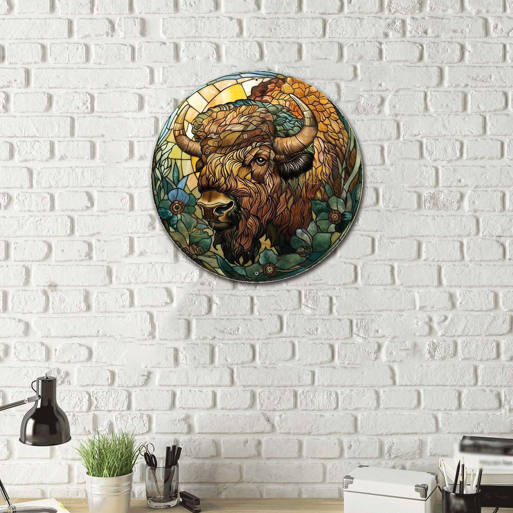 Lygond Metal Sign Tin Sign Circular Stained Glass American Bison Greenhouse Decor for Restaurant 8×8 Inches