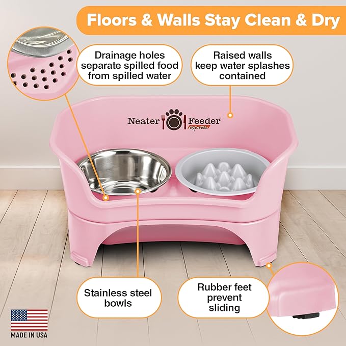 Neater Feeder Express Mess Proof Dog Bowls Elevated for Medium and Large Breed – Made in USA – No Spill Raised Slow Feeder Elevated Dog Bowl Stand, Slow Feed Food and Water Bowl Set, Pink