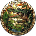Lygond Metal Sign Tin Sign Circular Stained Glass Alligator Tin Signs for Garden for Pub 8×8 Inches