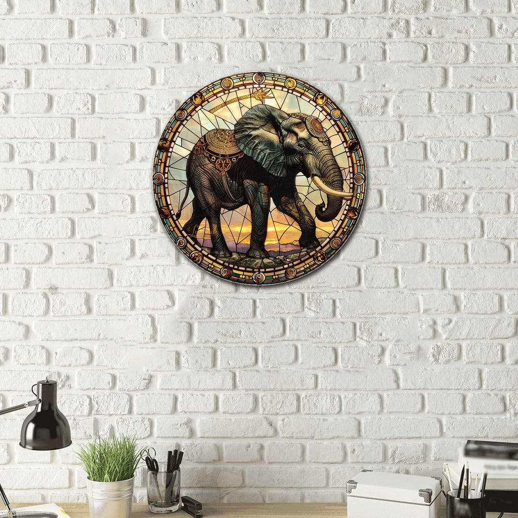 Lygond Metal Sign Tin Sign Circular Stained Glass Elephant Metal Sign for Club 12×12 Inches
