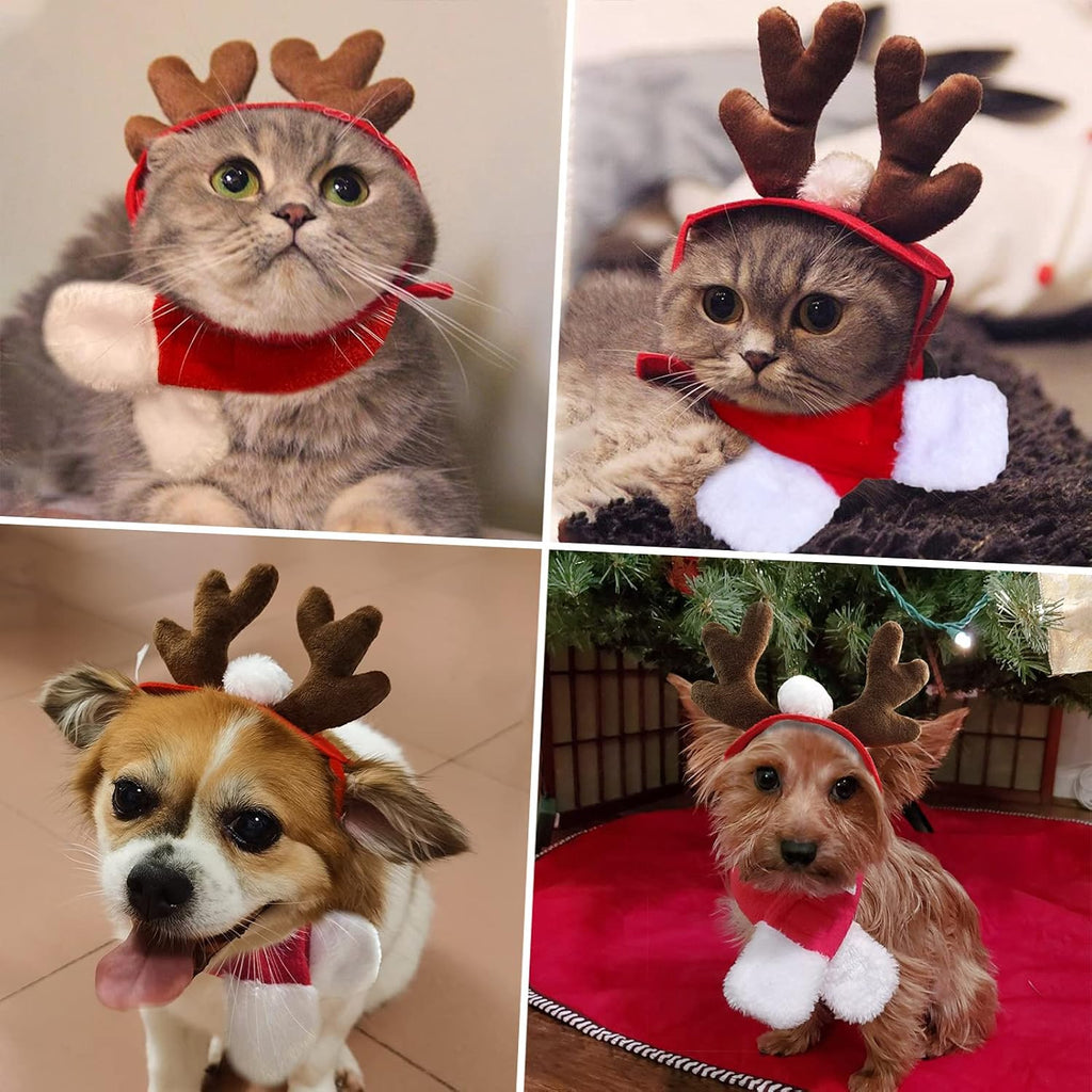 Enjoying Pet Christmas Costumes for Cats Small Dogs, Cat Reindeer Antlers Headband with Xmas Scarf, Adjustable Doggie Reindeer Hat Santa Scarf, Kitten Christmas Outfit Cosplay