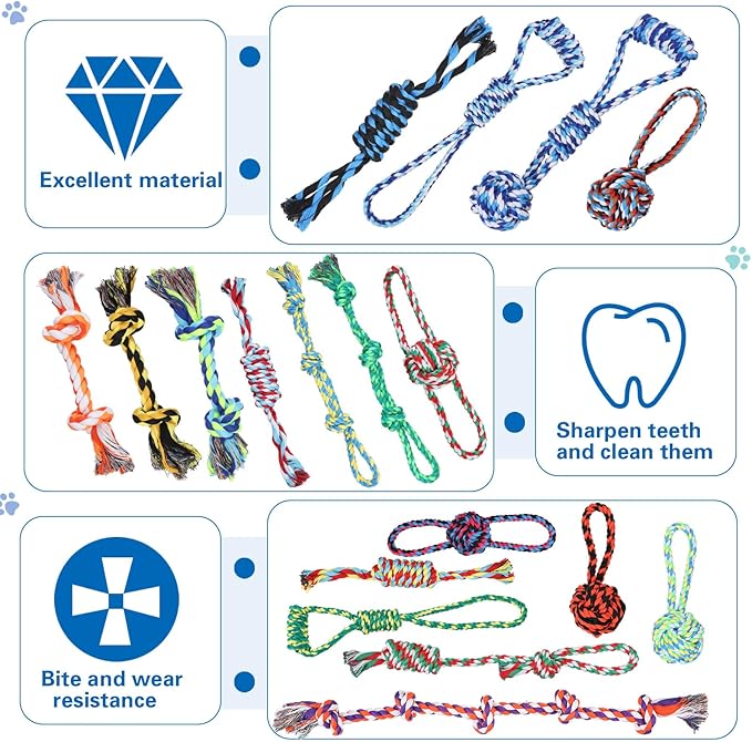 Hiboom 30 Pcs Rope Dog Toys for Aggressive Chewers Heavy Duty Dog Chew Toys for Medium Large Dog Cotton Dog Toys War Dog Toy for Teeth Cleaning