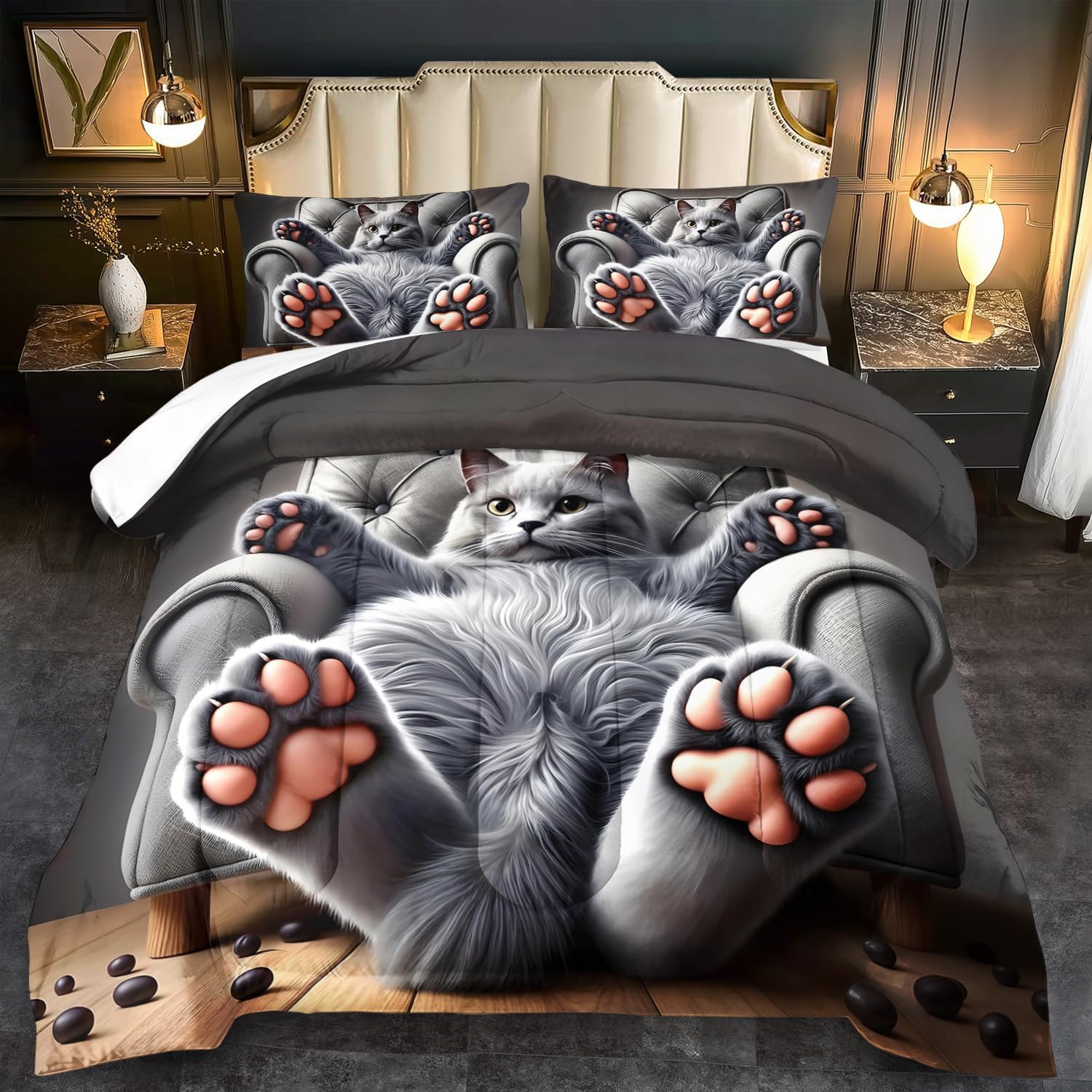 Cute Cat Comforter Set Full,Grey Kawaii Cat Bedding Set Adult,Cute Animal Comforter for Boy,American Shorthair Bedding Grey,Kawaii Animal Print Quilt Bedroom Decor Kids