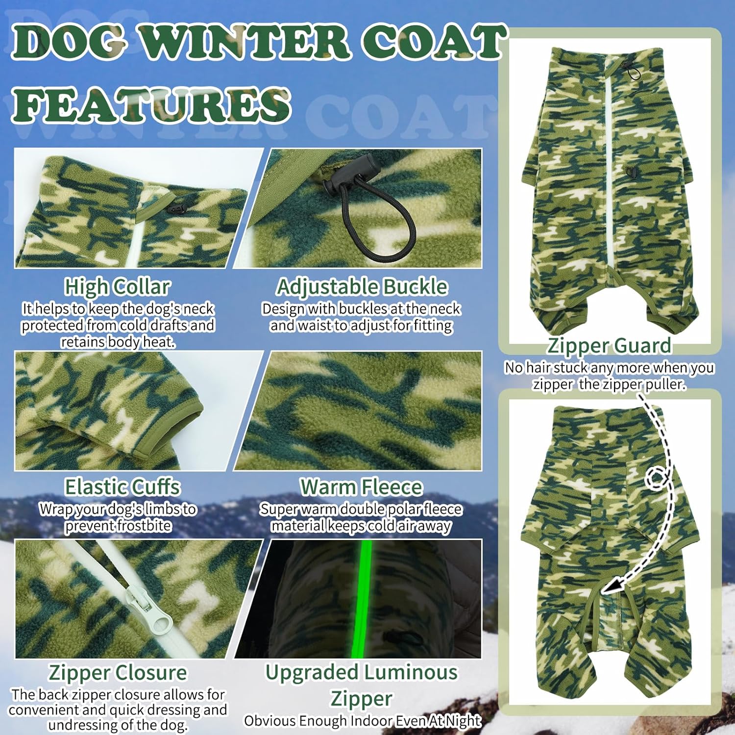 ROZKITCH Camo Dog Jacket Fleece Pullover Pajamas, Pet Windproof Warm Cold Weather Jacket Vest with Luminous Zipper, Jumpsuit Apparel Outfit Clothes for Small Medium Large Dog Camo L