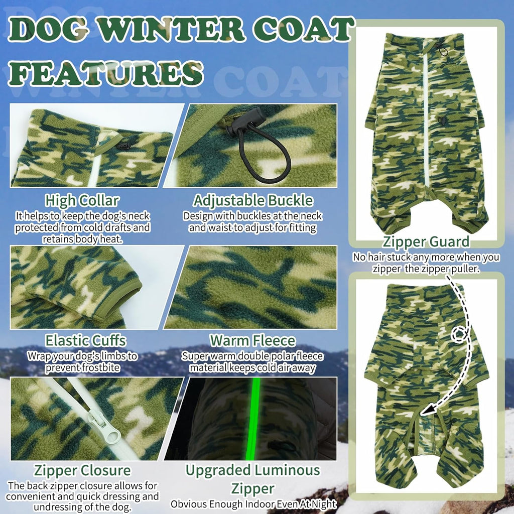 ROZKITCH Dog Jackets for Large Dogs Camo with Long Sleeve, Pet Windproof Warm Cold Weather Jacket Vest with Luminous Zipper, Jumpsuit Apparel Outfit Clothes for Small Medium Large Dog Camo XS