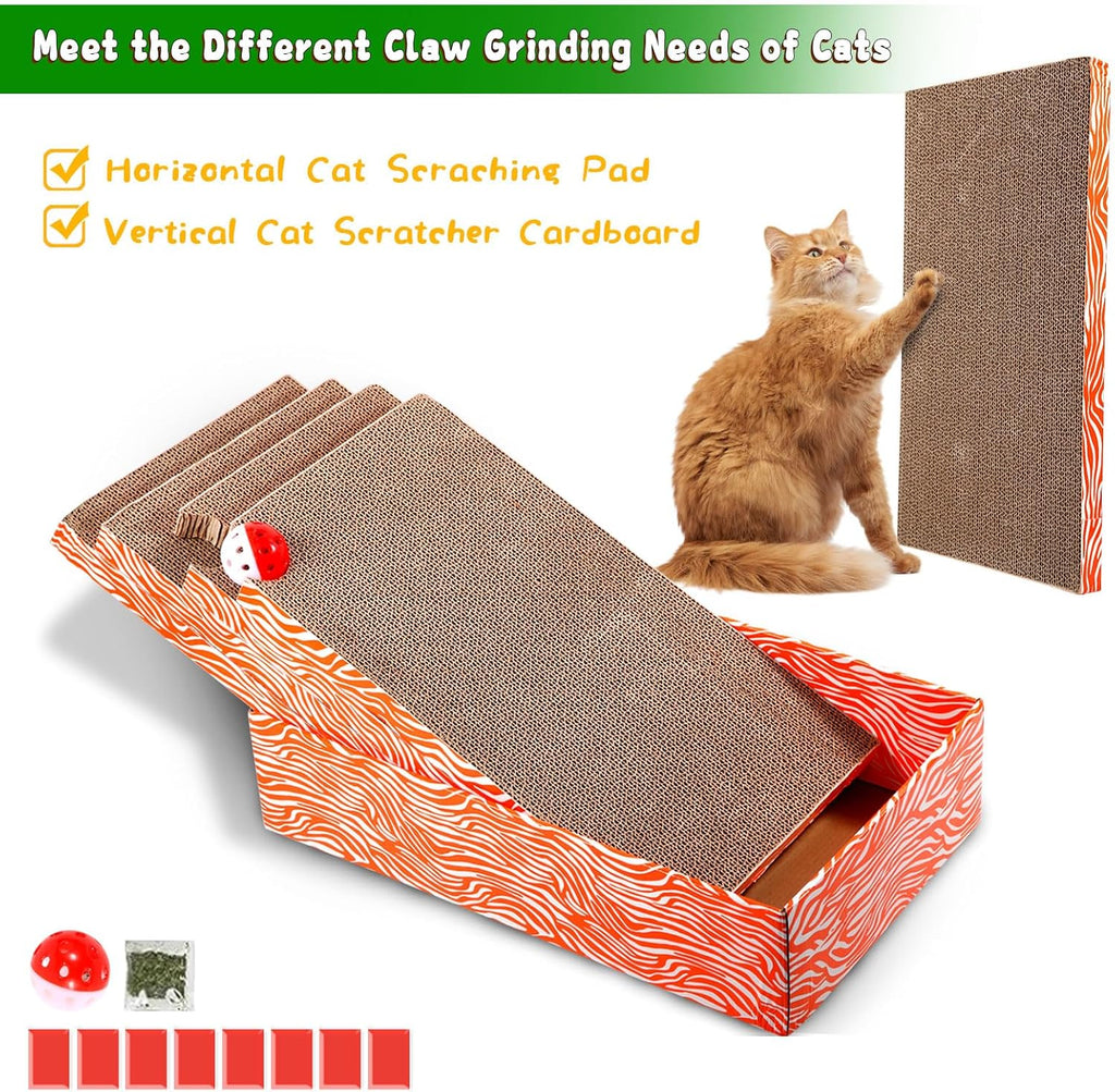 Cat Scrather Box with 4 pcs Large Scratching Cardboard and Toy Ball, Catnip, 4 in 1 Large Refillable & Reversible Cat Scratcher Pad, Cardboard Cat Bed for Big Medium Small Lazy Kitty
