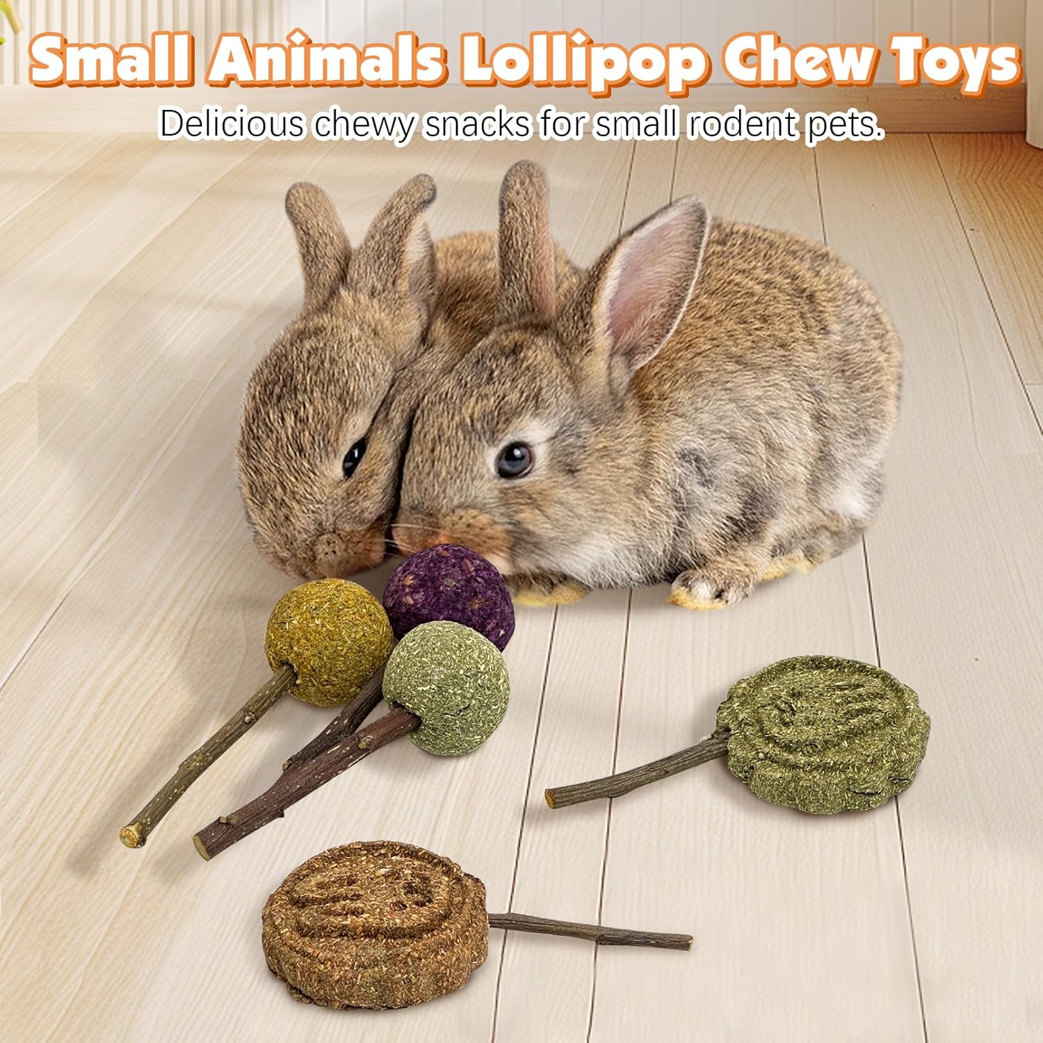 Fhiny Rabbit Chew Toys, 15 PCS Natural Bunny Lollipop Chew Sticks Handmade Guinea Pig Molar Treats for Teeth Small Animals Snacks for Guinea Pig Bunny Chinchilla Hamster Gerbil Teeth Care