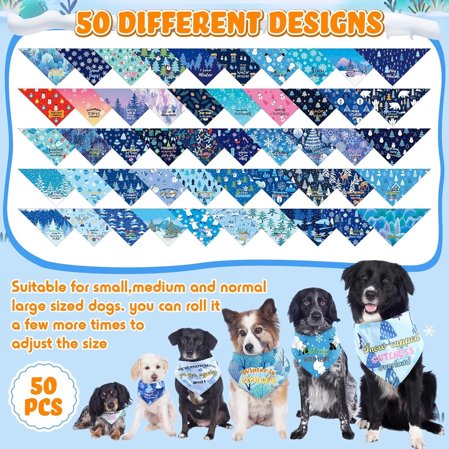 Abbylike 50 Pcs Winter Dog Bandanas Bulk Pet Scarfs Triangle Bibs Adjustable Washable Puppy Kerchief Seasonal Pet Costume Accessories Grooming Supplies for Small Medium Large Dogs Cats