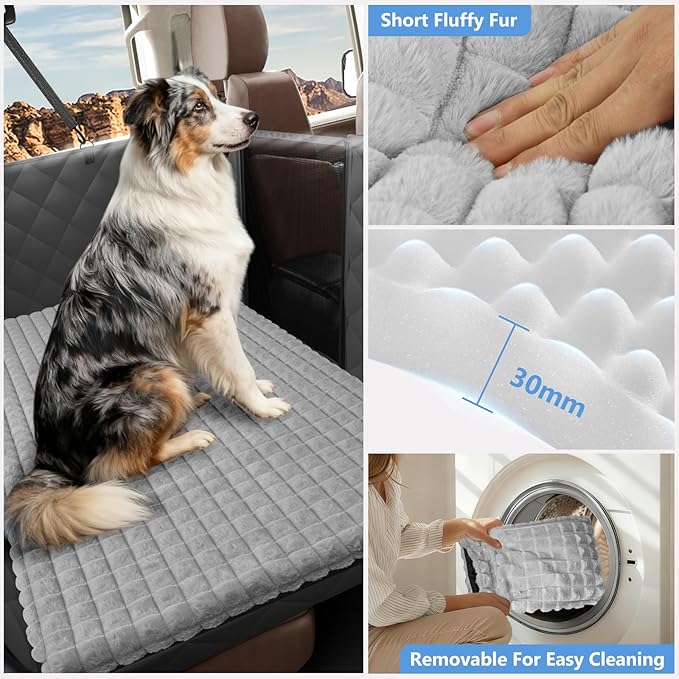 Truck Back Seat Extender for Dogs with Thick Egg Crate Foam Fuzzy Blanket Bed Mat, Soft Pet Car Seat Covers, Sturdy Backseat Trucks Dog Bed for Travel, Waterproof Dog Hammock for Truck Crew Cab
