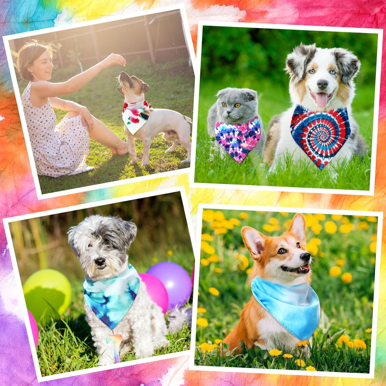 Reginary 72 Pack Tie Dye Dog Bandanas - Bulk Pet Scarf Bibs Triangle Kerchief Adjustable for Pet Grooming Costume Accessories