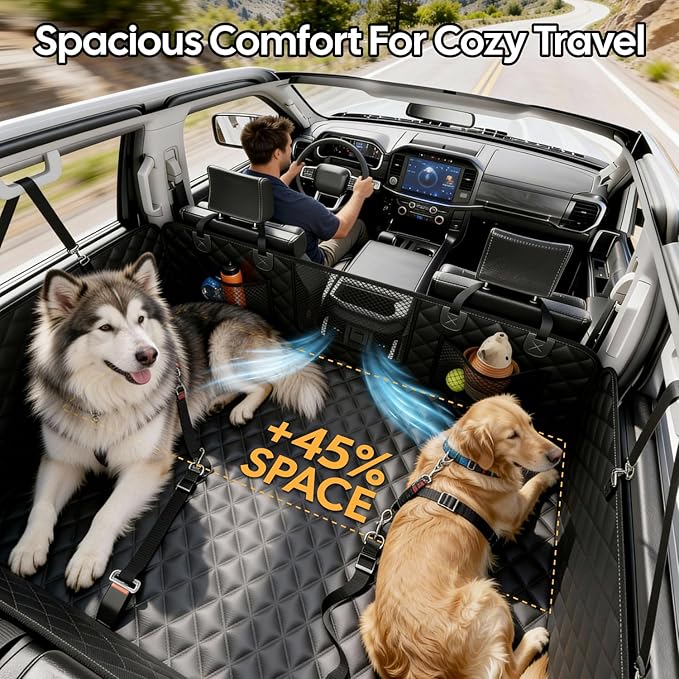 Wigoo Dog Car Seat Cover for Back Seat, Dog Hammock with Hard Bottom Support, Heavy Duty Waterproof Pet Bed Extender for 2-4 Large/Medium Dogs, Backseat Protector for SUV Medium Truck, Size-L, Black