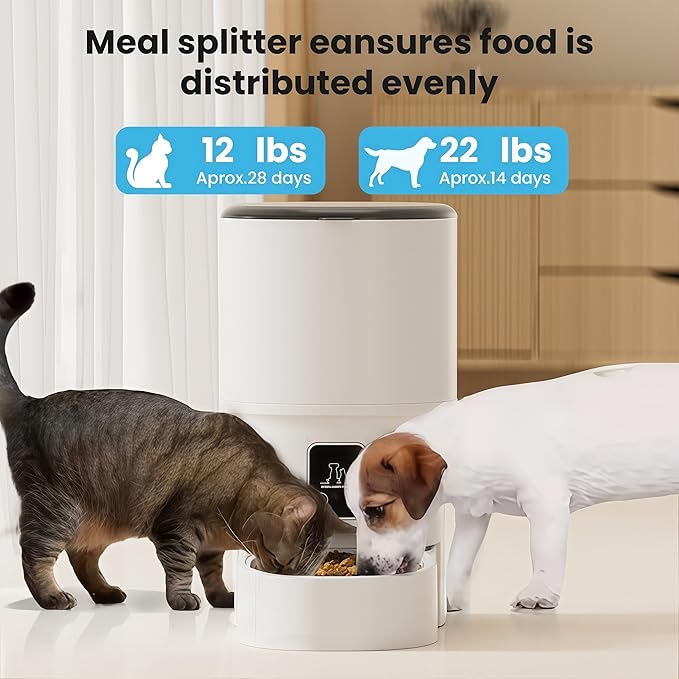 Automatic Cat Feeders - Timed Pet Feeder for Cats and Dogs with Dry Food Dispenser, APP Control Smart, 4L Grain Storage Bucket, Dual Power Supply, Programmable Portion Control (White)