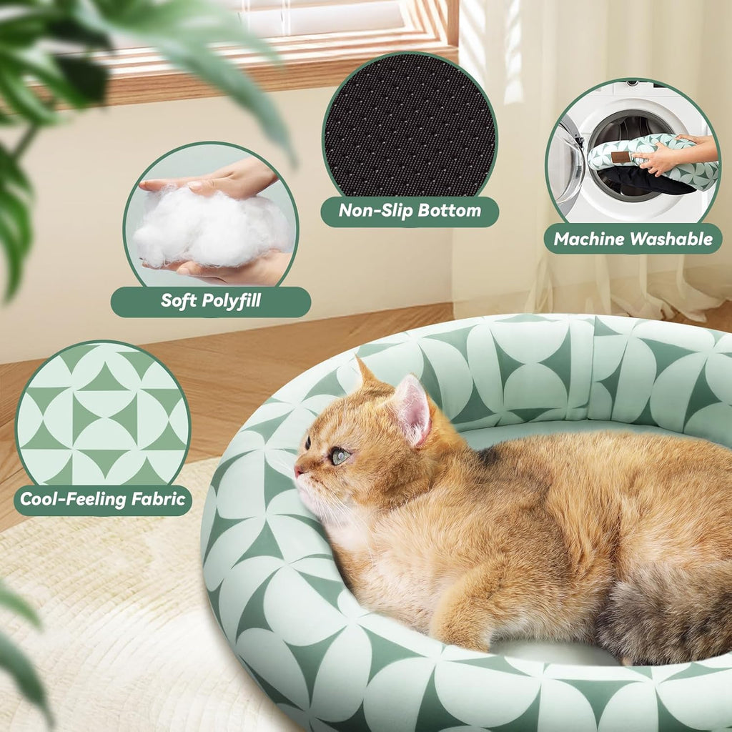 Cat Bed, 20In Dog Beds for Small Dogs, Calming Cat & Dog Beds for Indoor Pets, Pet Beds Comfortable Donut Round Ultra Soft (Green Pattern, 20.0" L x 20.0" W x 6.5" Th)