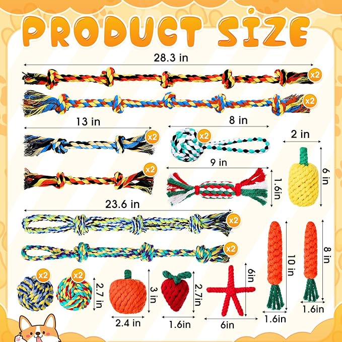25 Pack Dog Rope Toys for Aggressive Chewers, Heavy Duty Teething Chew and Tug Toy Set for Medium and Large Dogs, Puppy Toys with Fun Fruit & Cartoon Shapes