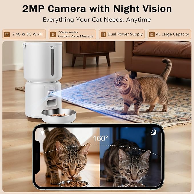 Automatic Cat Feeder with Camera, 4L Automatic Pet Feeder, Dual Power Supply, Smart Cat Food Dispenser with 2MP Night Vision & Two-Way Audio for Cats and Small Dogs, White