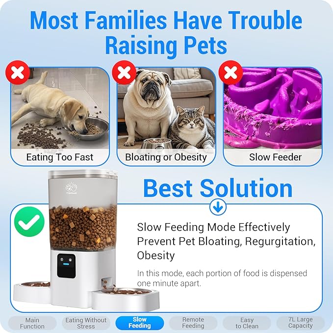 Automatic Cat Feeders 2 Cat with Slow Feed: 7L Dual Automatic Dog Feeder with 5G WiFi, Double Auto cat Food Dispenser for Multiple Pets, Detachable for Easy Clean - 29 Cup (ACF190W-B)