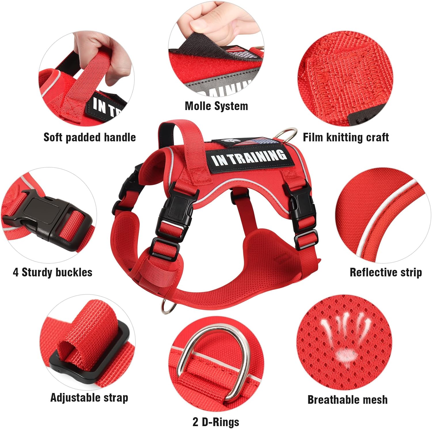 WINSEE Service Dog in Training Harness with 5 PCS Patches, Reflective Tactical Dog Vest Harness, Adjustable Soft Oxford Pet Harness with Easy Control Handle, Hook & Loop Panels for Walking Hiking