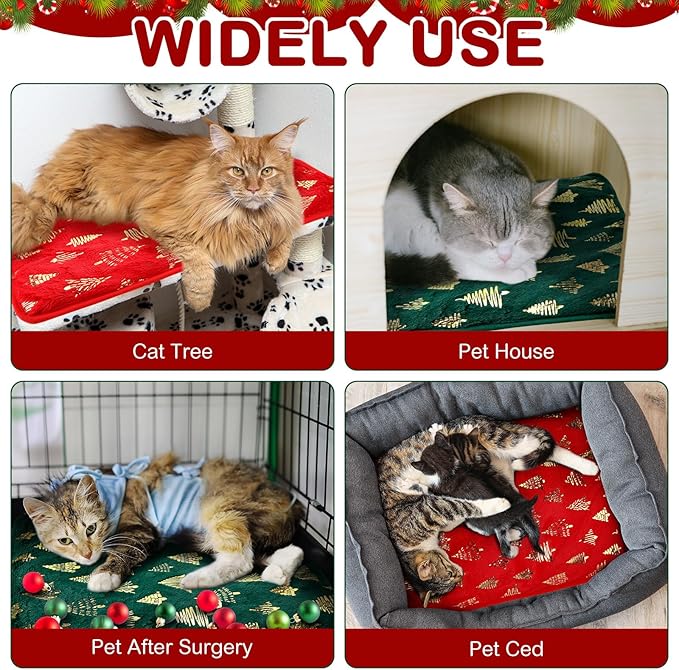 4 Pack Self Heating Cat Bed Cat Self Warming Pad with Removable Cover Extra Warm Thermal Pet Pad Washable Pet Crate Mat Anti Slip Kennel for Indoor Outdoor Pets (Christmas Tree,16 x 20 Inches)