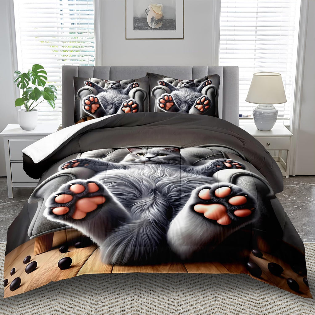 Cute Cat Comforter Set Full,Grey Kawaii Cat Bedding Set Adult,Cute Animal Comforter for Boy,American Shorthair Bedding Grey,Kawaii Animal Print Quilt Bedroom Decor Kids