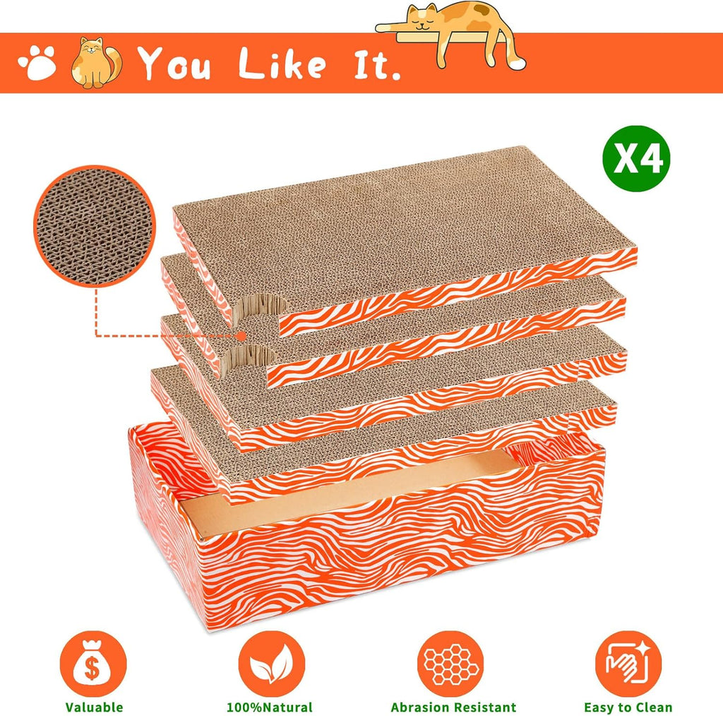 Cat Scrather Box with 4 pcs Large Scratching Cardboard and Toy Ball, Catnip, 4 in 1 Large Refillable & Reversible Cat Scratcher Pad, Cardboard Cat Bed for Big Medium Small Lazy Kitty