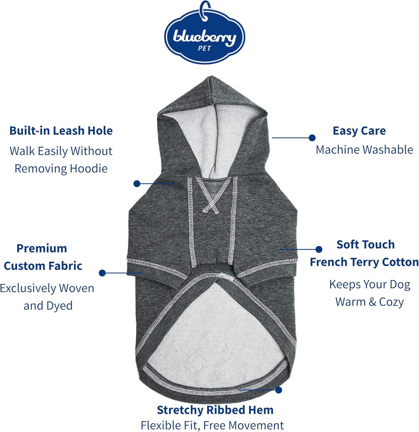 Blueberry Pet Essentials Soft & Comfy Better Basic Cotton Blend Dog Hoodie Sweatshirt in Charcoal Grey, Back Length 22", Pack of 1 Jacket for Dogs