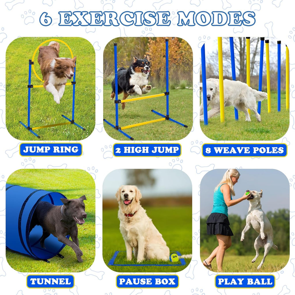 Dog Agility Course Backyard Set，Dog Agility Equipment, Dog Obstacle Course Backyard With 2-Set Agility Hurdle ，Jump Ring, 8 Weave Poles, Tunnel, Pause Box, Toy Balls And 2 Portable Carrying Bags