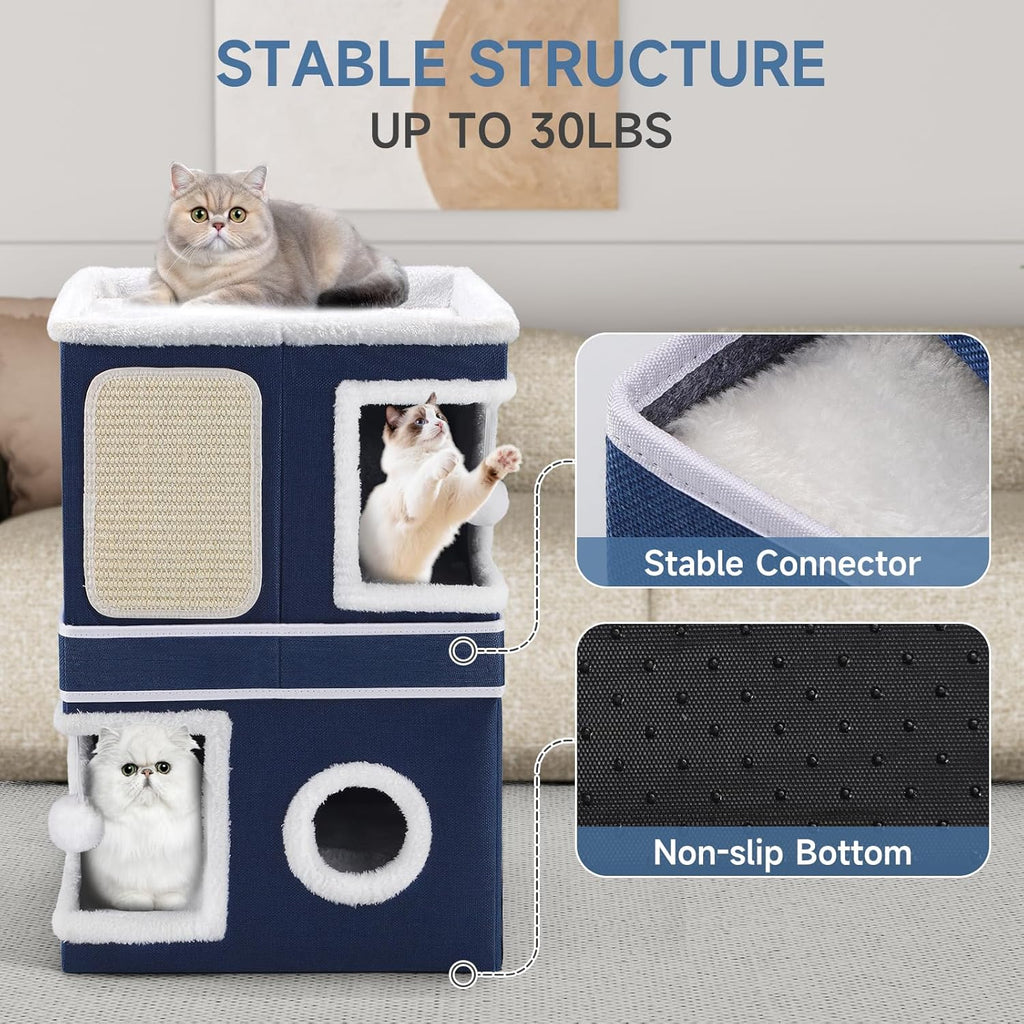 2-Storey Cat House for Indoor Cats, Large Double Cat Bed Cave with Hideaway Condos, Scratch Pads, Hanging Balls, Foldable Indoor Cat House Hold Up to 30LBS, Cat Cube for Multiple Cats Kitten, Blue