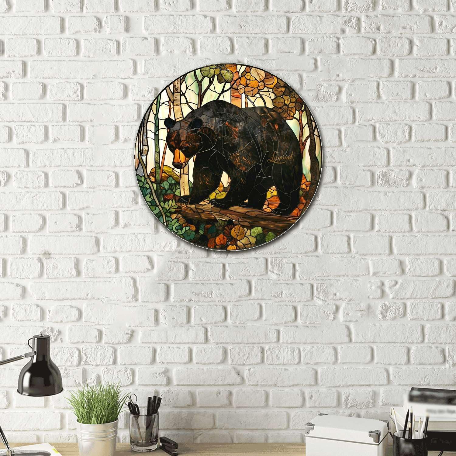 Lygond Metal Sign Tin Sign Circular Stained Glass American Black Bear Funny Outdoor Decor for Gift 12×12 Inches