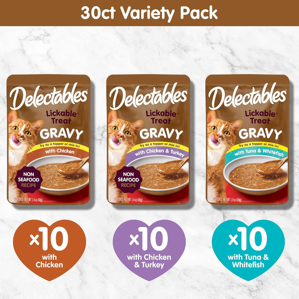 New! Delectables Gravy Lickable Wet Cat Treat & Food Topper, Variety, 30 Pack