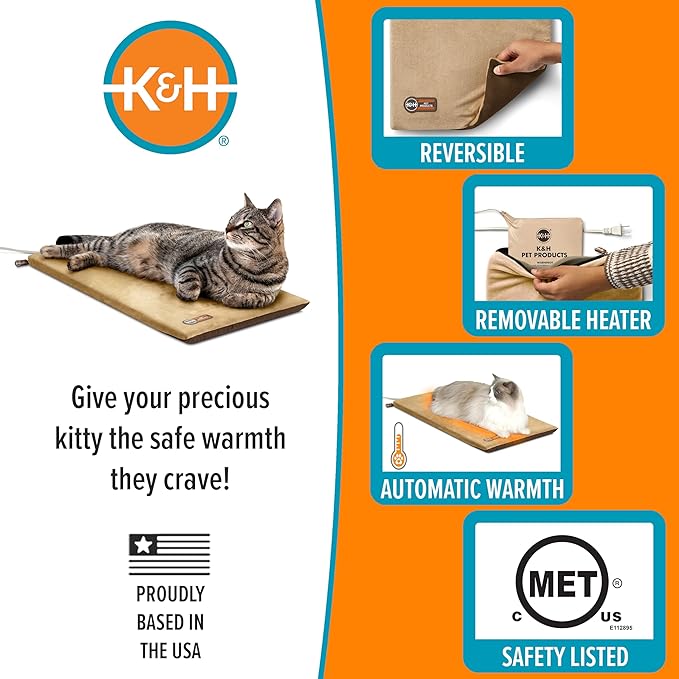 K&H Pet Products Heated Cat Bed Pad for Indoor Cats, Thermo-Kitty Mat Calming Warm Pet Heating Pad for Inside Pets, Machine Washable, Waterproof Heater, Safety Listed - 12.5 X 25in Mocha/Tan
