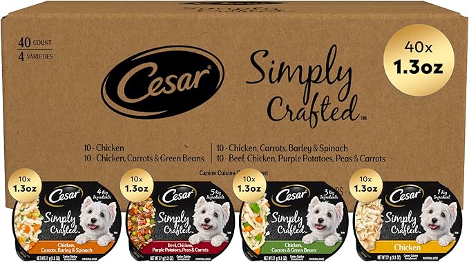 Cesar Simply Crafted Wet Dog Food Toppers for Dry Food, Chicken and Beef Meal Topper Variety Pack, 1.3 oz. Tubs, Variety Pack, 40 Count