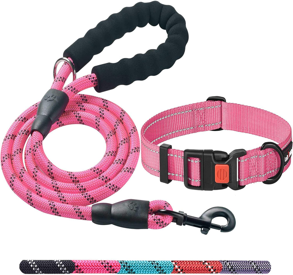 Heavy Duty Dog Leash - Comfortable Padded Handle, 5 ft Long - Dog Leashes for Small Medium Large Dogs (Leash+Collar S Neck 13.5"-16", Pink)