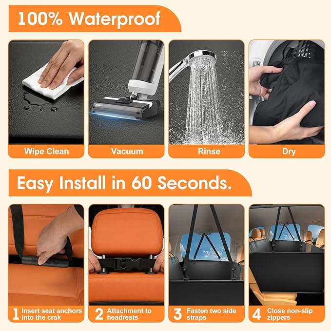 Dog Car Seat Cover for Back Seat, 52"x65" Waterproof Hard-Bottom Hammock with Side Flaps, Heavy-Duty 450lbs, Non-Slip & Scratch-Proof PU Leather Protector for SUV, Truck & Sedan Gray