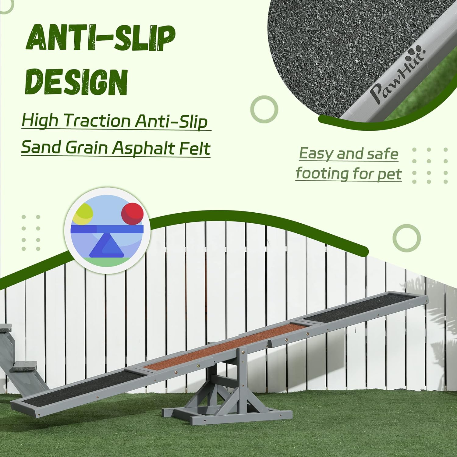 PawHut Wooden Dog Agility Seesaw for Training and Exercise, Platform Equipment Run Game Toy, Weather Resistant Pet Supplies, 71" L x 12" W x 12" H, Gray