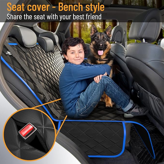 Active Pets Dog Car Seat Cover for Back Seat, Waterproof Pet Protection Hammock, SUV Truck Car Backseat Protector with Safety Features, Blue